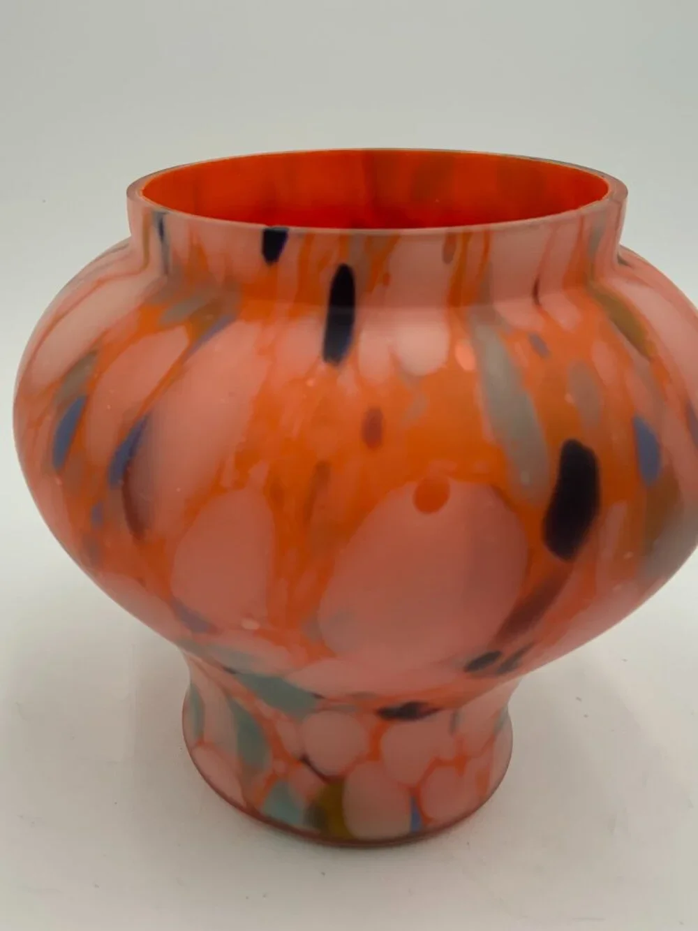 Vtg Czech Art Deco Splatter Glass Posey Vase Orange Blue Melon Bohemian Kralik